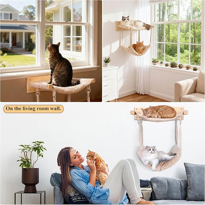 JSPYFITS Wooden Cat Wall Hammock, 18.9 x 12.6 Inch Double Layer Cat Furniture Hammock, Large Removable Multi-Function Cats Bed for Sleep/Play/Climb/Lounge Easy DIY Installation(Beige)