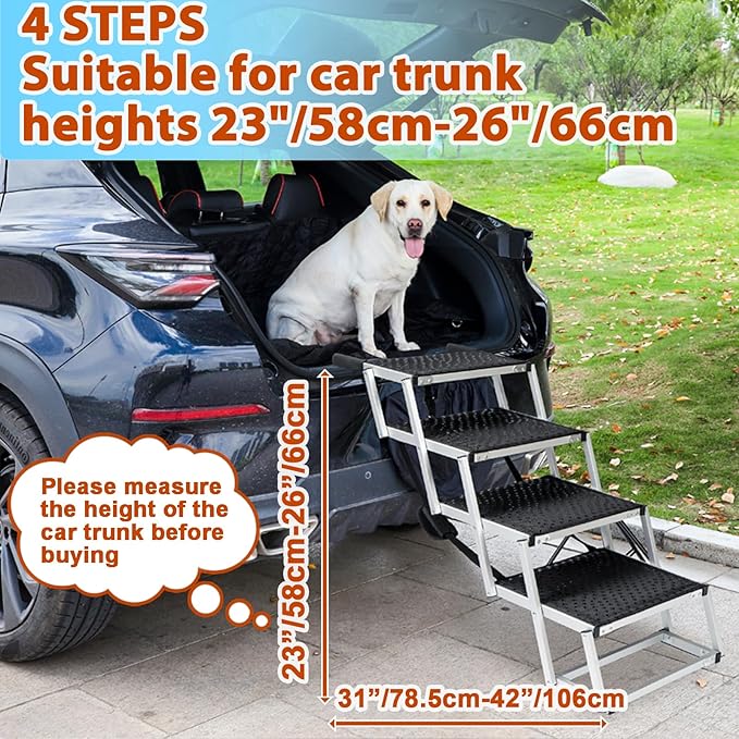 Uross Dog Stairs for Car 4 Steps Suitable for Car Trunk Heights 23"-26"- Collapsible Dog Steps for Car and SUV, Aluminum Pets Stairs for Large Pets, Telescoping Pet Step Ladder for Truck, High Bed