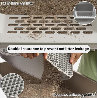 2PCS XL Stainless Steel Cat Litter Box with Lid,Metal Litter Box High Sides for Big/Multiple Cats,Open Design,Indoor,1-Mat and 1-Scoop,Easy to Clean, No Odor,Anti-Urine Leakage