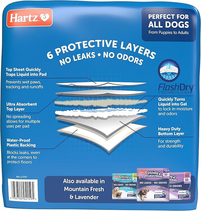 Hartz Home Protection Super Absorbent Odor Eliminating No Leaks Dog Pads,50 Count (Pack of 3)