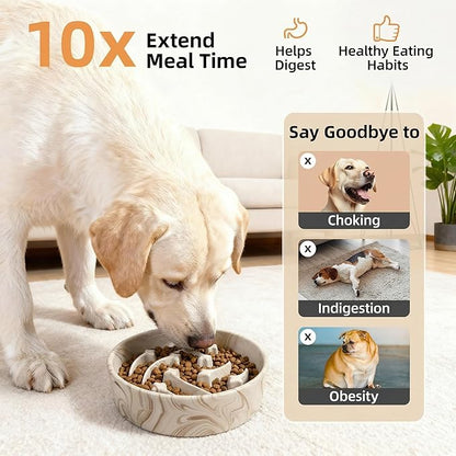 Stoneware Slow Feeder Dog Bowls Large Breed, 2 Cups Slow Eating Dog Bowl with Marble Pattern Design, Weighted Anti Gulping Food Bowl, Non Slip Puzzle Maze Pet Dishes for Fast Eaters, 8.3 inch