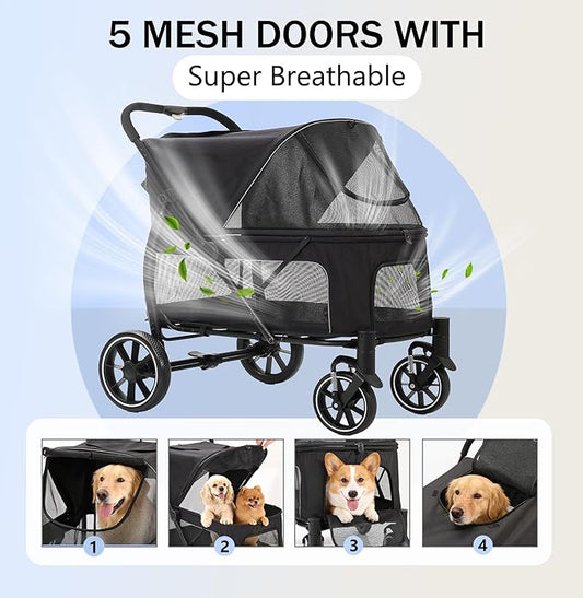 Large Dogs Stroller for Multiple Pets up to 90lbs, Ultra-Breathable Pet Stroller for Medium 2 Dogs，All-Terrain with& Mesh Dual-Window，1680D Waterproof Oxford Fiber (Black)