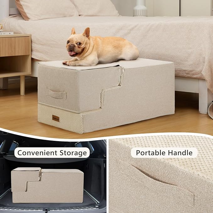 Pet Stairs for High Bed, 5-Step Dog Stairs for Small Dogs, Indoor Non-Slip Dog Steps for Old Cats, Puppy, Small Medium Dogs,22.6" H,Beige
