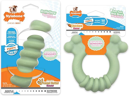 Nylabone Sensory Material Soothing Puppy Chew Toy Bundle, Toys for Teething Puppies, Peanut Butter and Chicken Flavor, Small - Up to 25 lbs, 2 Pack