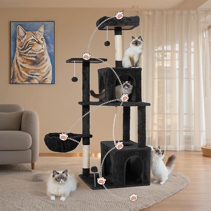54 Inch Multi-Level Cat Tree Tower with Hammock, Condos & Scratching Posts, Large Cat Furniture for Indoor Cats with Pompoms, Black