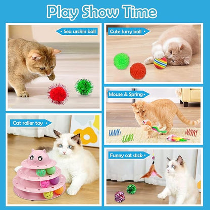 UPSKY 20 PCS Cat Toys - 3-Level Turntable Roller with Balls for Indoor Cats, Kitten Set with Teaser, Mice, Spring, and Various Ball Toys