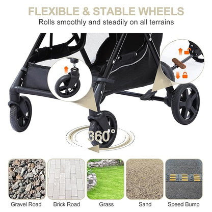 NO-Zip Pet Stroller for Small Dogs & Cats, Lightweight Dog Stroller with Reflective Safety Strips, One-Hand Fold, Claw-Proof Mesh, Breathable Travel Carriage, 33lbs Capacity, White