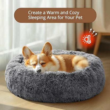 JOLLYVOGUE Calming Dog Bed Medium Size Dog, 31in Donut Washable Medium Pet Bed, Anti-Slip & Anti-Anxiety Fluffy Faux Fur Round Dogs Bed, Fits up to 45 lbs Pets (Smoke Black)