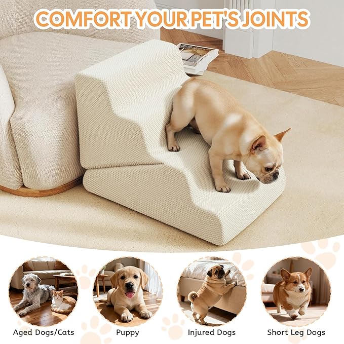 Dog Ramp for Bed, Extra Wide 20" Width Dog Stairs for High Bed, 2 in 1 Pet Steps for Small Dogs, 4-Step Foldable Transformable Large Cats Ramp to Get on Couch, Non-Slip Balanced, Beige