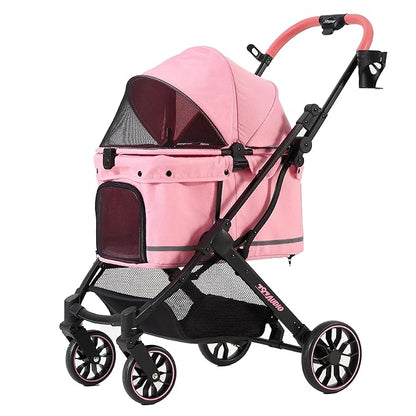 797Audio Dog Stroller for Small Medium Dogs, Pink Pet Stroller for Cats Puppy Up to 121lbs, Foldable,One Click Folding,4 Wheel Shock Absorption,Adjustable Canopy with Sun Shades,Removable Washable Pad