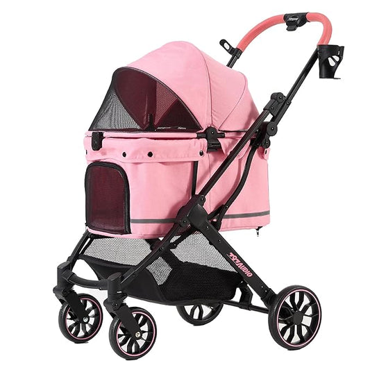797Audio Dog Stroller for Small Medium Dogs, Pink Pet Stroller for Cats Puppy Up to 121lbs, Foldable,One Click Folding,4 Wheel Shock Absorption,Adjustable Canopy with Sun Shades,Removable Washable Pad
