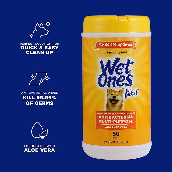 Wet Ones for Pets Antibacterial Dog Wipes, Multi-Purpose Grooming Wipes with Aloe Vera for Paws, Face & Body, Easy Cleanups Between Baths, Tropical Splash Scent, 5.7 in x 7.5 in, 50 Count - 12 Pack