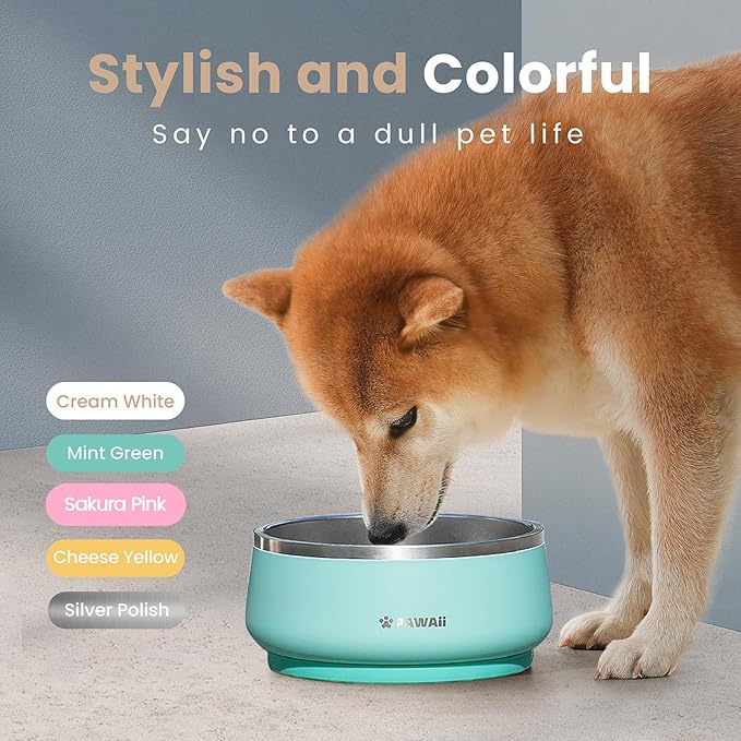 Pawaii Dog Bowl, 68 oz Double-Wall Stainless Steel Food and Water Bowl, Non-Slip Rubber Base, Dishwasher Safe, ID Tag Included, (1 Pack)