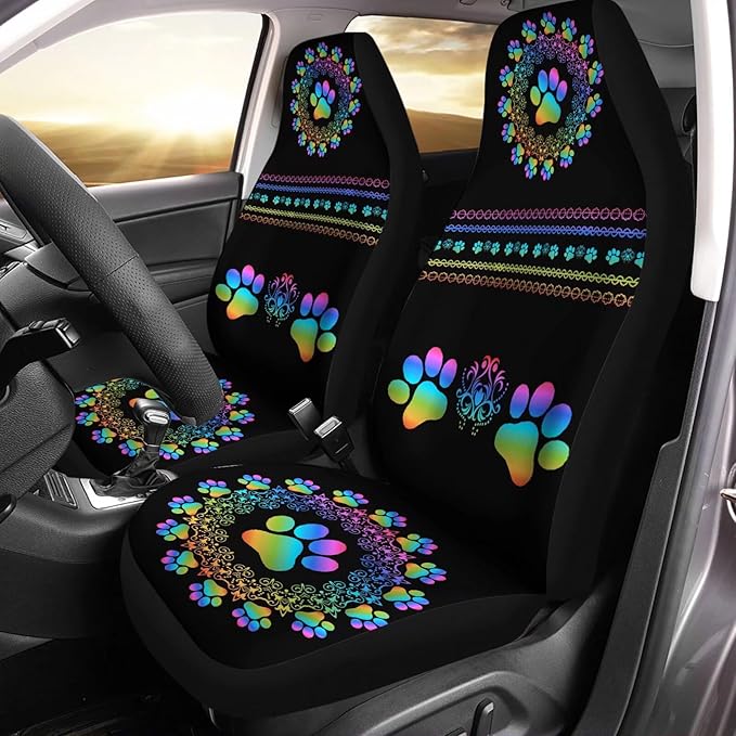 Waterproof Car Seat Covers for Women Men, Boho Mandala Gradiant Dog Paw Print Seat Protector Auto Decorations Accessories for SUV Truck Vans Sedans