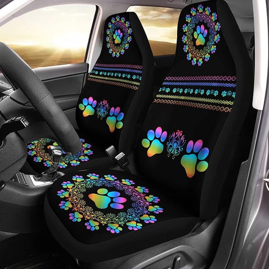 Waterproof Car Seat Covers for Women Men, Boho Mandala Gradiant Dog Paw Print Seat Protector Auto Decorations Accessories for SUV Truck Vans Sedans