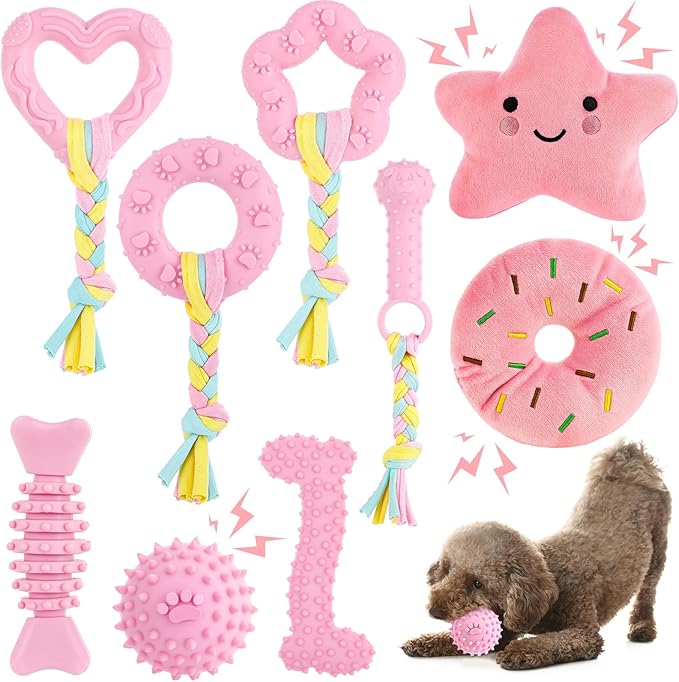 9Pack Pink Puppy Toys for Teething Treat Interactive to Keep Them Busy, Cute Soft Rubber Toy for Small Dogs, Girl Puppy EssentialsPink