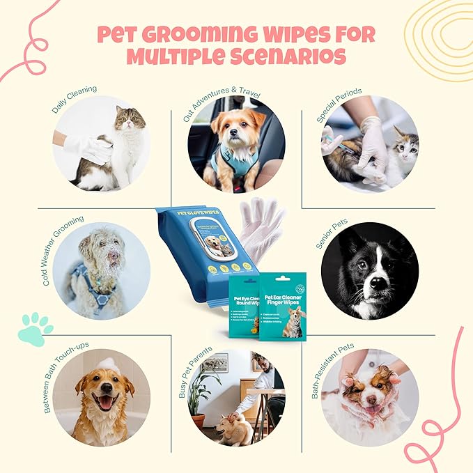 Pet Glove Wipes for Dogs & Cats, No Rinse Full Body Cleaning Large Gloves (9.84 x 9.05 inch), Gentle Grooming for Paws Face Ears Eyes Coat, Alcohol Free, 20 Count