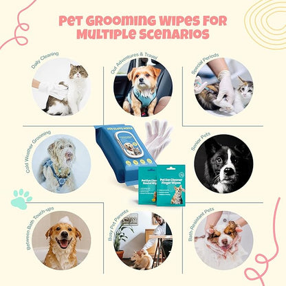 Pet Glove Wipes for Dogs & Cats, No Rinse Full Body Cleaning Large Gloves (9.84 x 9.05 inch), Gentle Grooming for Paws Face Ears Eyes Coat, Alcohol Free, 20 Count