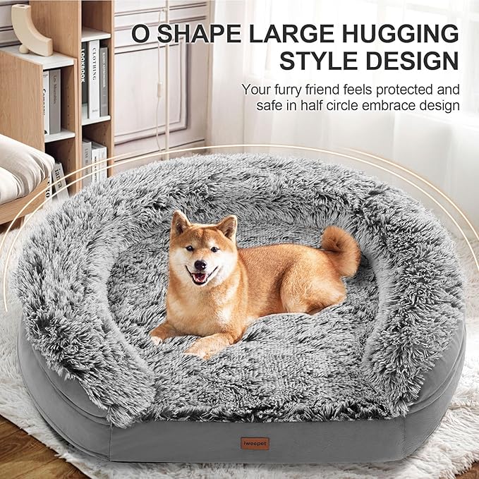 Fluffy 3.7 inch Thickened Orthopedic Dog Beds for Large Dogs, Supportive Dog Sofa Bed with 28D Egg-Crate Foam, Removable Washable Plush Cover, Waterproof Lining, Cozy Oval Design, Grey