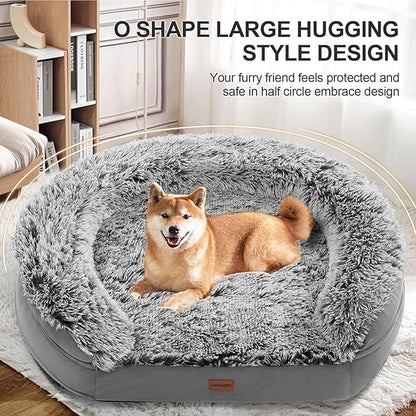 Fluffy 3.7 inch Thickened Orthopedic Dog Beds for Large Dogs, Supportive Dog Sofa Bed with 28D Egg-Crate Foam, Removable Washable Plush Cover, Waterproof Lining, Cozy Oval Design, Grey