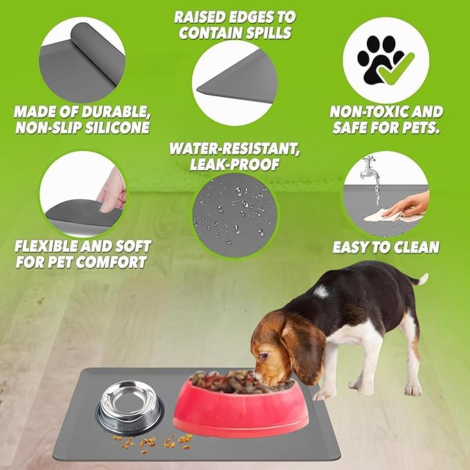TidyFriend Pet Food Mat 11.5 x 17 Inches – Dog Food Mats - Silicone Non Slip Waterproof Feeding Placemat for Dogs & Cats - Easy to Clean Pet Supplies (Dark Grey)