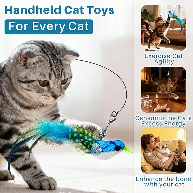 Cat Toy – Interactive Wand with Blue Bird Design Featuring Bell, Feather & Sparkle Teaser for Indoor Play with Owner or Solo Fun, Hands-Free Self-Play for Happy, Active Cats & Kittens
