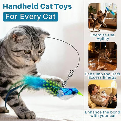 Cat Toy – Interactive Wand with Blue Bird Design Featuring Bell, Feather & Sparkle Teaser for Indoor Play with Owner or Solo Fun, Hands-Free Self-Play for Happy, Active Cats & Kittens