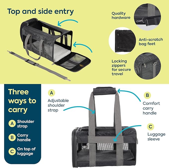 Sherpa Pet Carrier Airline Approved with Spring Wire Frame - Cat Carrier and Dog Carriers for Airline Travel and Vet Visits, Mesh Ventilation, Locking Zippers - Charcoal Grey, Large