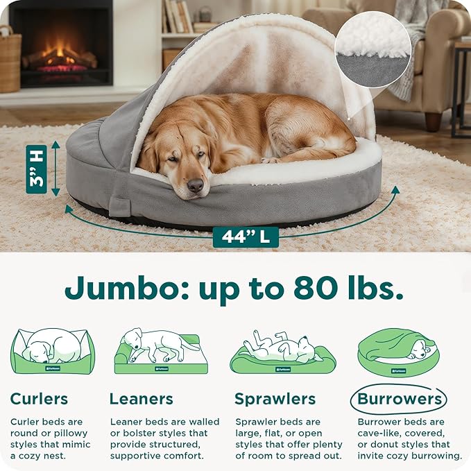 Furhaven 44" Round Orthopedic Dog Bed for Large Dogs w/ Removable Washable Cover, For Dogs Up to 80 lbs - Sherpa & Suede Snuggery - Gray, 44-inch