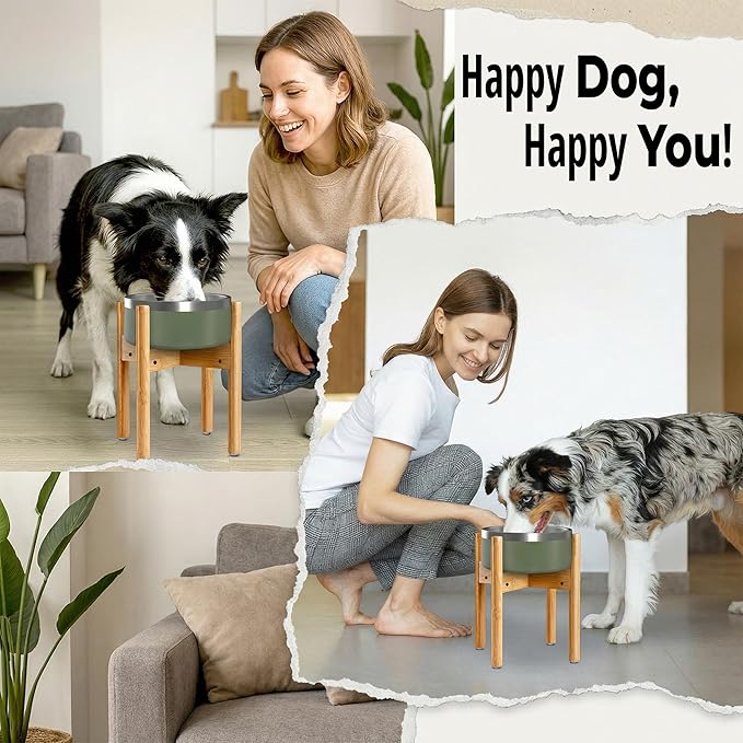 Dog Bowl Stand - Mid-Large Dogs Suitable - Elevate, Raise Bowl to 12-inch High - Adjustable, Fits Any Pet Food/Water Feeders, and Fountains - Durable Bamboo