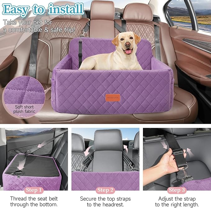 HEGGCOOE Dog Car Seat for Medium/Large Dogs, Pet Booster Seat for Under 55 lbs or 2 Small Dogs, Detachable & Washable Dog Car Bed for Backseat with 2 Safety Leashes (Purple)