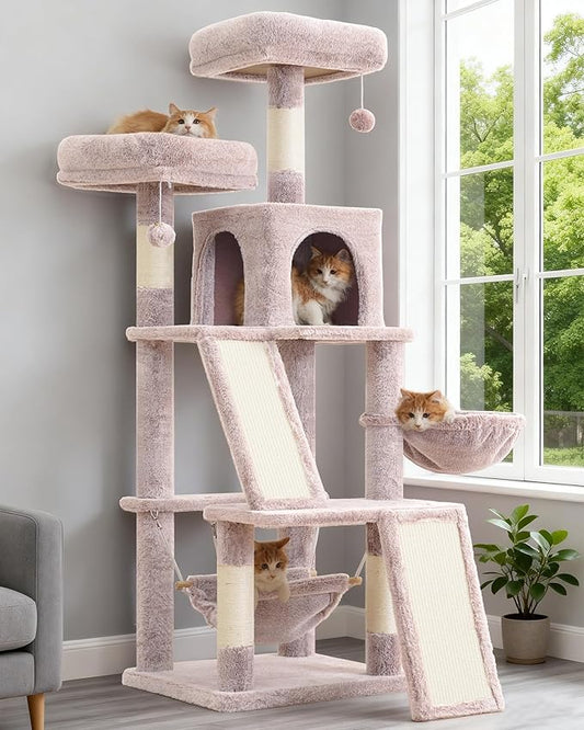 Multi-Level Cat Tree for Indoor Cats, Cat Tower with 2 Scratching Boards, 2 Plush Padding Platforms, Cat Condo House with Hammock, Basket, Muchroom GCT022MU