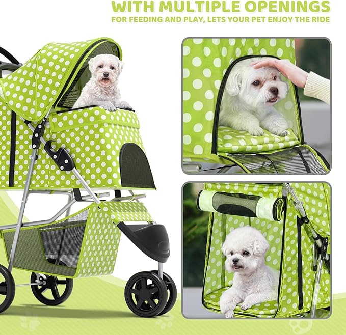 Magshion 3-Wheel Pet Stroller, Foldable Travel Jogger for Small & Medium Dogs & Cats (Up to 33lbs), Lightweight Carrier with Breathable Mesh Cover, Cup Holder & Storage Basket, Lawn Green Polka Dots