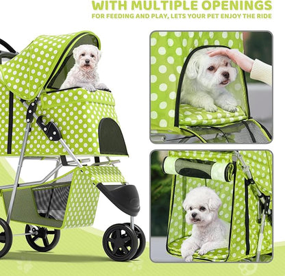 Magshion 3-Wheel Pet Stroller, Foldable Travel Jogger for Small & Medium Dogs & Cats (Up to 33lbs), Lightweight Carrier with Breathable Mesh Cover, Cup Holder & Storage Basket, Lawn Green Polka Dots