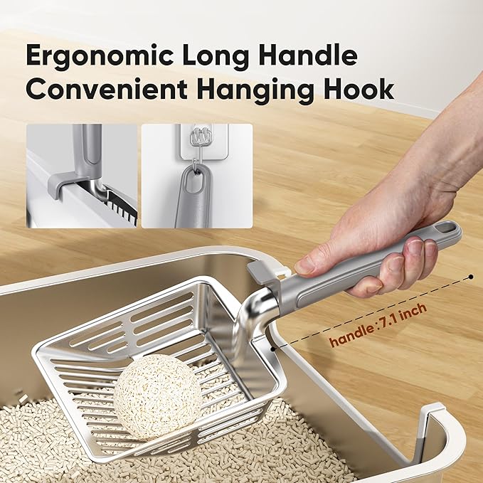 Metal Cat Litter Scoop, Large Cat Scooper with Deep Shovel & Dual Sifting Holes for Fast & Precise Sifting, Space Aluminum Kitty Litter Scooper with Long Handle & Easy-to-Hang Hook - Grey