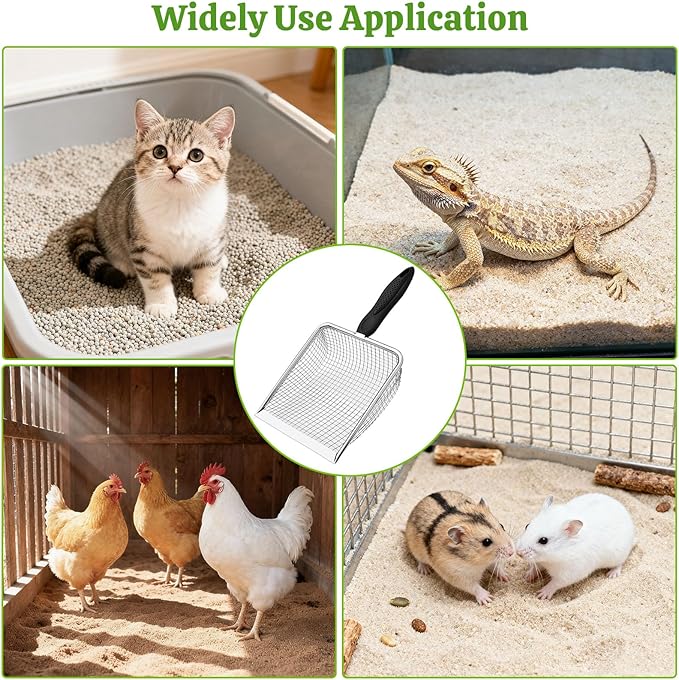 Widened Metal Cat Litter Scoop, Cat Scooper for Litter Box, Stainless Steel Pellet Kitty Litter Scoop, Cat Litter Scooper with Sticky Hang Hook for Easy Storage, Quickly Filter Litter Lumps(6mm Mesh)