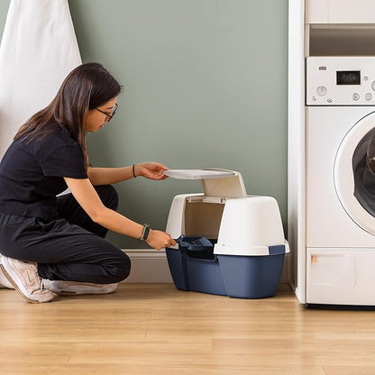 IRIS USA Corner Cat Litter Box - Enclosed Corner Litter Box with Scoop, Hooded Litter Tray for Corners, Space-Saving Covered Litter Box, Odor Defensive, Navy/White