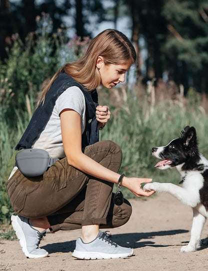 heouvo Dog Treat Pouch with Training Clicker, Upgrade Stronger Magnetic Closure to Avoid Spilling, 1.67 Cup Silicone Treat Bag Fanny Pack with Waist Belt for Pet Training Walking (Grey)