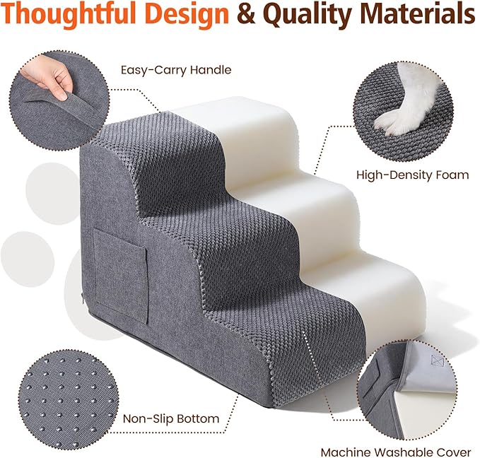 Dog Stairs for Small Dogs, 4-Step Dog Steps for Bed & Couch, High-Density Foam Pet Stairs, Non-Slip Indoor Pet Ramp, Washable Cover, Fits Beds up to 18.1", Grey