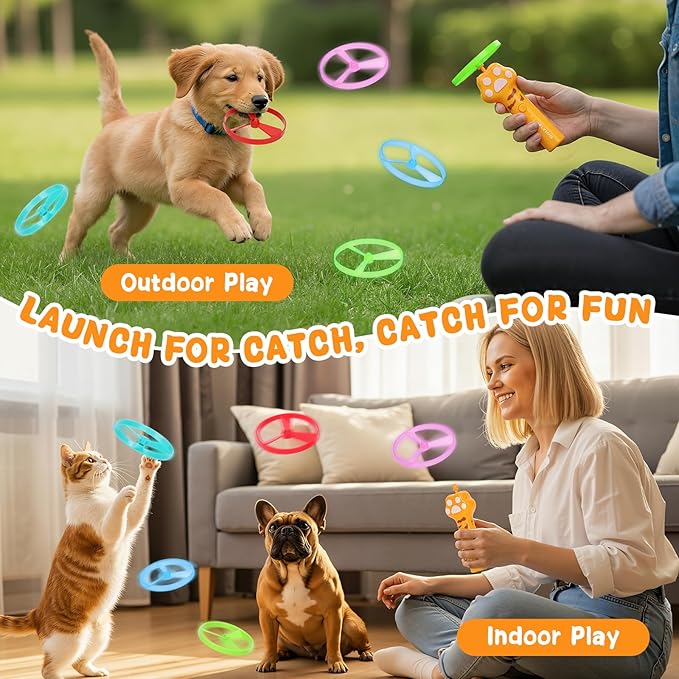 Cat Chase Fetch Toy - Rechargeable Disc Launcher with 6 Flying Spinners - Best Interactive Pet Hunting Toys for Indoor Outdoor Yard Cats Dog (Yellow)