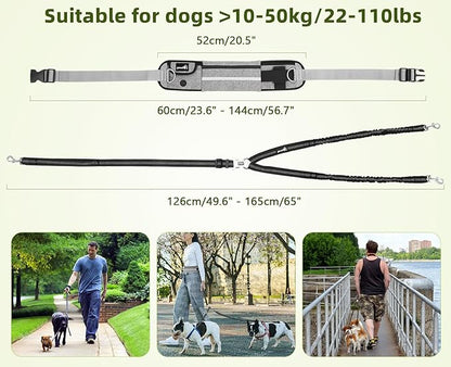 Pecute Dog Leash Hands Free 2 Dogs, Waist Belt Fanny Pack with Soft Padded, Dual Leash with Pouch, Two Handles, Durable Bungee, Dog Seat Belt, Running Walking Hiking Biking