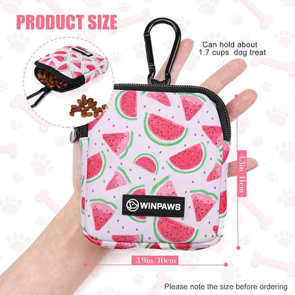 Dog Treat Pouch with Training Clicker,Waterproof Nylon Fabric Poop Bag Holders for Leashes,Hands Free Small Dog Walking Bag with Carabiner, Pet Puppy Training Walking Essentials (Watermelon)