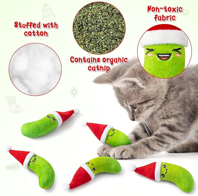 MALLMALL6 Catnip Toys for Cat - 5Pcs Christmas Pickle Catmint Interactive Cat Toy for Indoor Cats, Soft Santa Hat Kitten Supplies, Kitten Teething Chew Toy Set, Pet Xmas Gifts for Kitty Lover