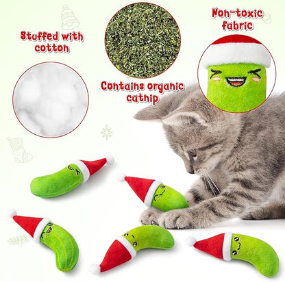 MALLMALL6 Catnip Toys for Cat - 5Pcs Christmas Pickle Catmint Interactive Cat Toy for Indoor Cats, Soft Santa Hat Kitten Supplies, Kitten Teething Chew Toy Set, Pet Xmas Gifts for Kitty Lover