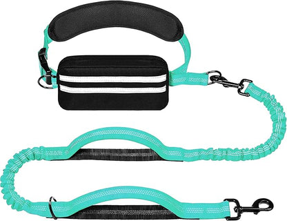 Hands Free Dog Leash with Zipper Pouch, Running Waist Leash for Dog Walking, Adjustable Waist Belt for Large Dogs, Reflective Bungee Design with Two Handle for Hiking, Training, Teal