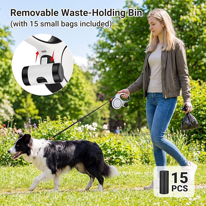 Segarty 16 Ft 360°Tangle-Free Leash with Detachable Waste Bag Holder, Retractable Dog Lead for Pet up to 66 Lbs, 5m White Walking Leash with Anti-Slip Handle & One-Handed Brake Pause Lock for Outdoors