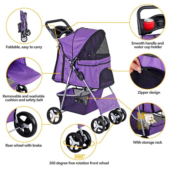 ZENY Foldable Pet Stroller, Cat/Dog Stroller with 4 Wheel, Pet Travel Carrier Strolling Cart with Storage Basket, Cup Holder (Purple)