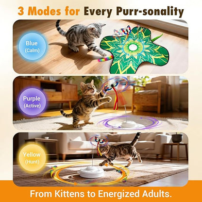 Hide and Seek Cat Toy Mat, 3-in-1 Interactive Cat Toys for Indoor Cats with Fluttering Butterfly & Moving Concealed Feathers, 3 Prey Sounds, Rechargeable Auto Play Mat for Bored Adult Cats & Kittens