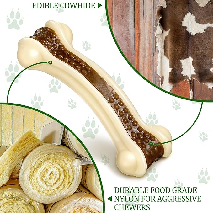 Sosation Bones Shaped Dog Toys for Aggressive Chewers, 2 Pack Christmas Dog Chew Toys Puppy Teething Nylon Beef Flavor for Large/Medium/Small Puppies Breeds(Curved Bone,Large, Medium)
