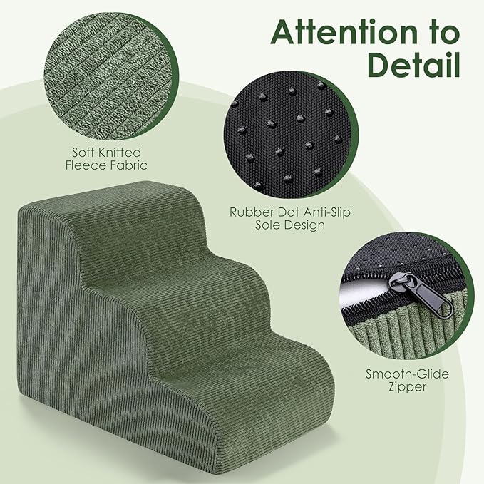 Dog Stairs for Bed 15" H, 3-Step Dog Ramp for Aged and Injured Dogs, Up to 50 Lbs Foam Pet Stairs for Small Dogs and Cats to Get on Couch or Chair, Non-Slip, Steady, Washable Cover, Green
